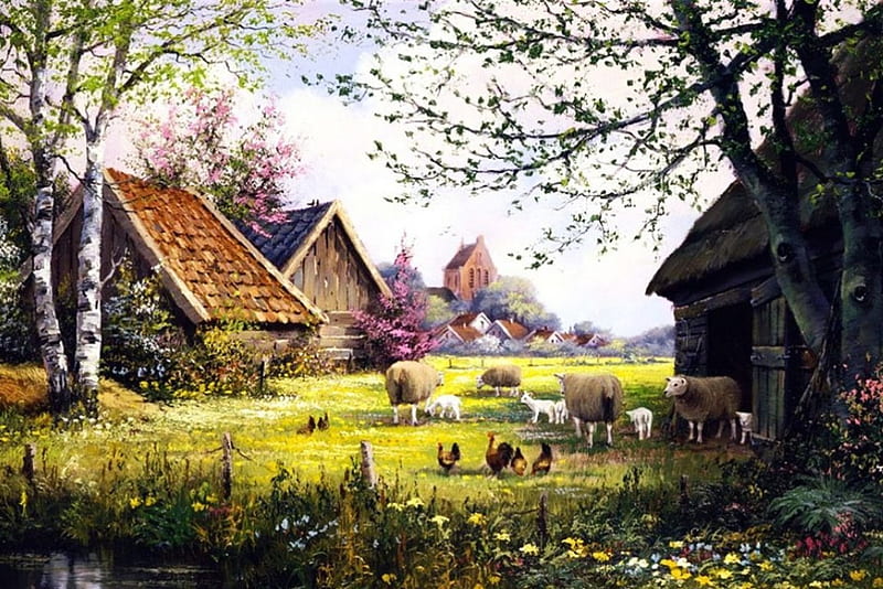 Springtime Countryside, poultry, church, artwork, pond, farm, sheep, painting, flowers, treesmbirch, landscape, meadow, HD wallpaper