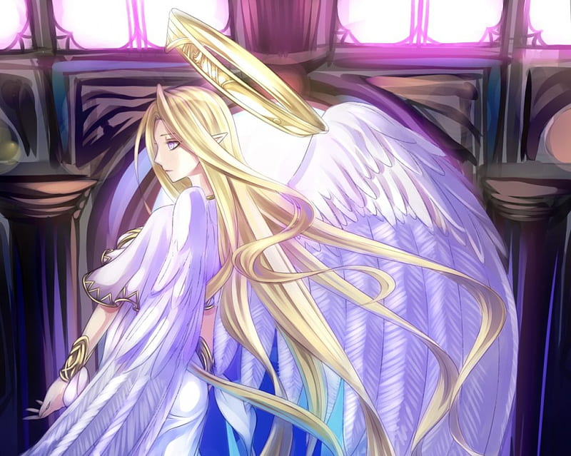 Fierite of Pride, pretty, dress, blond, bonito, wing, sweet, halo, nice, anime, feather, hot, beauty, anime girl, long hair, female, wings, lovely, angel, gown, blonde, blonde hair, sexy, blond hair, cute, girl, fantasy girl, HD wallpaper