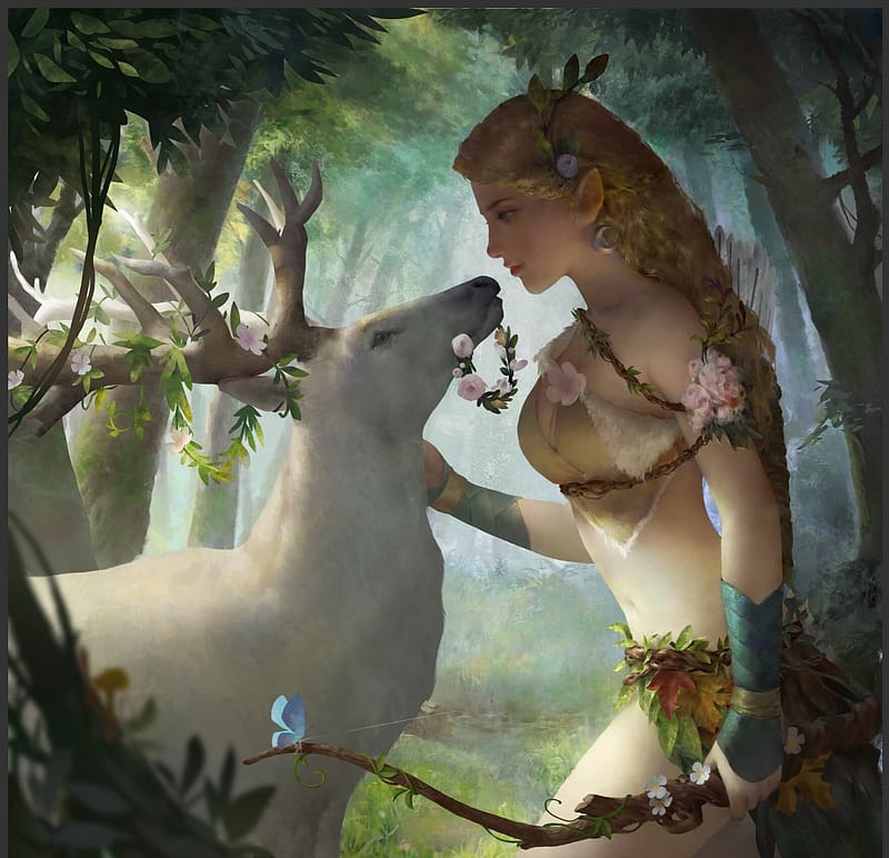 Goddess Diana, moon, diana, art, fantasy, deer, luna, mountain huang, goddess, forest, HD wallpaper