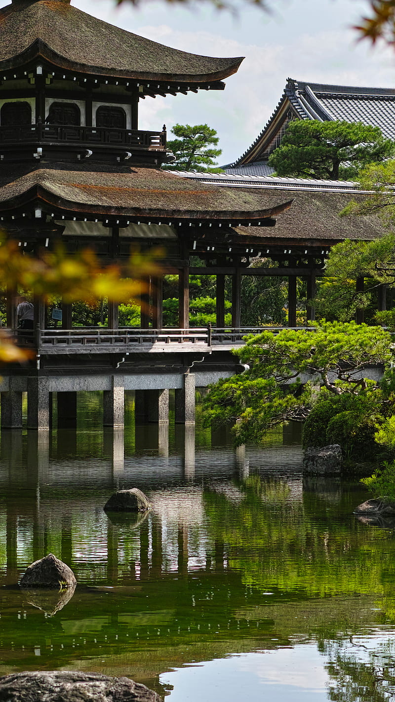 Kyoto , japan, garden, pagoda, pond, pavilion, HD phone wallpaper