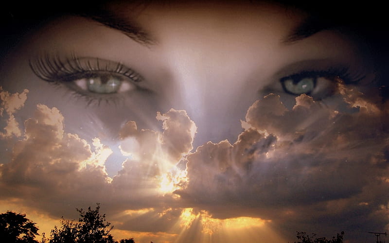 Waching over you, fantasy, eyes, trees, clouds, HD wallpaper