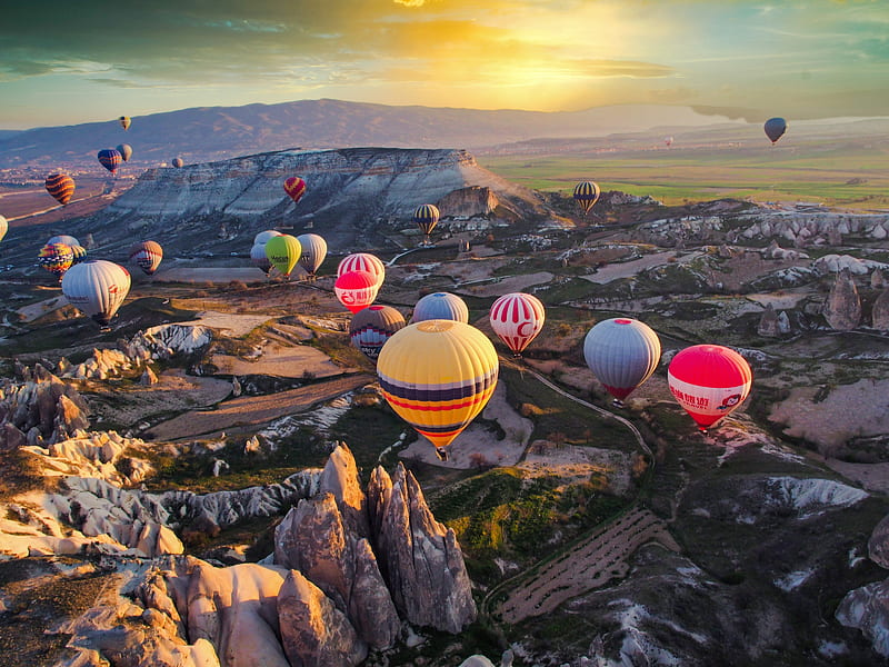 balloon, balloons, multicolored, rocks, HD wallpaper