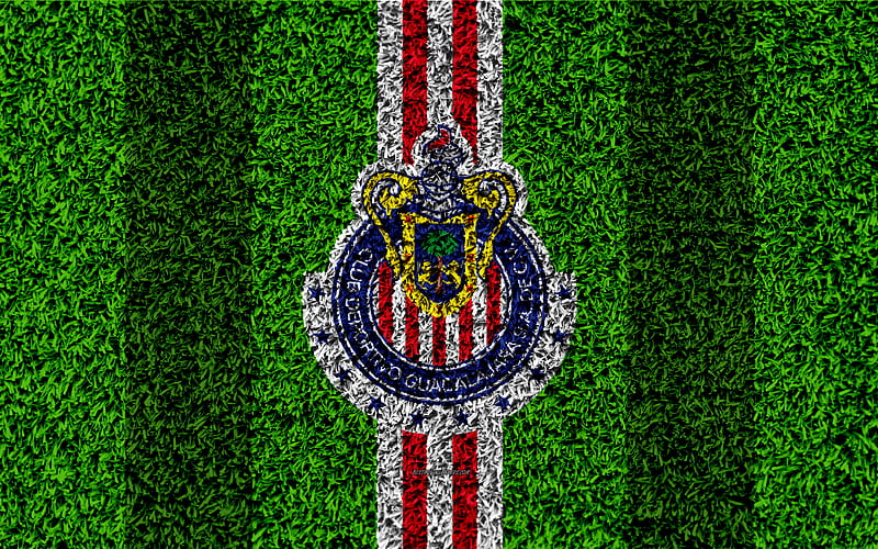 CD Guadalajara football lawn, logo, Mexican football club, emblem, red white lines, Primera Division, Liga MX, grass texture, Guadalajara, Mexico, football, Guadalajara Chivas FC, HD wallpaper