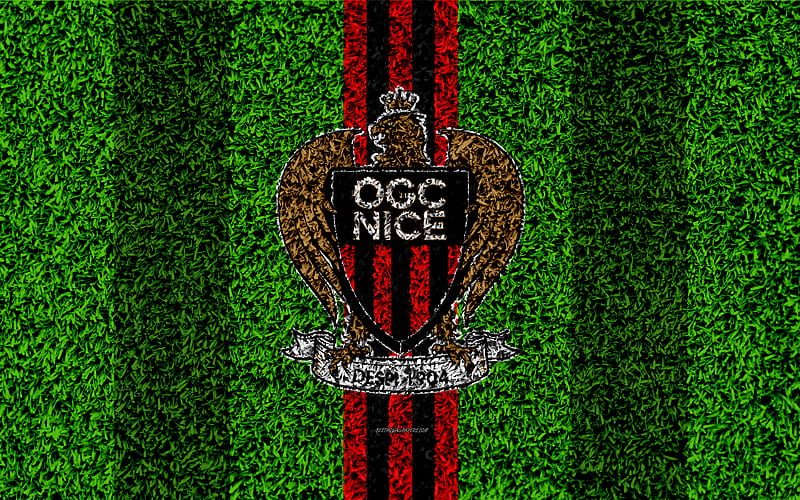 OGC Nice football lawn, logo, French football club, grass texture, emblem, red black lines, Ligue 1, Nice, France, football, Nice FC, HD wallpaper
