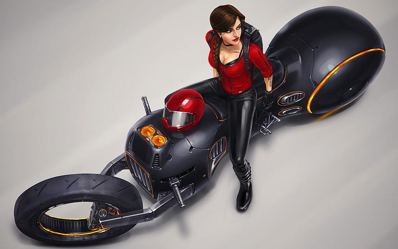 Girl, red, fantasy, black, motorcycle, HD wallpaper