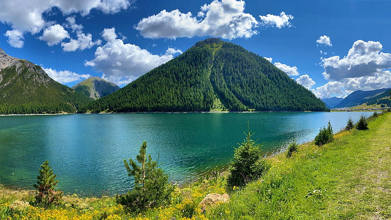 Lago di Livigno, Lombardy, Italy, landscape, sky, hills, water, clouds, HD wallpaper