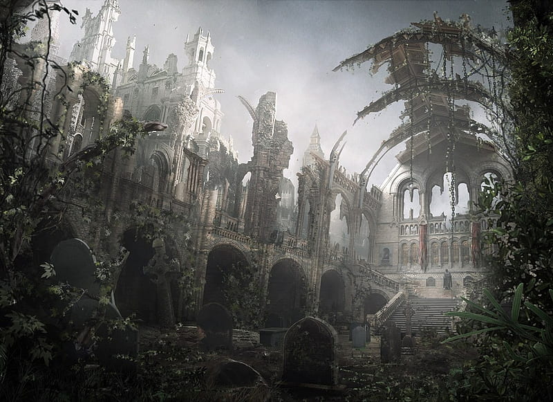 After the Day, windows, fantasy, arch, gravestones, overgrown, ruins, trees, HD wallpaper
