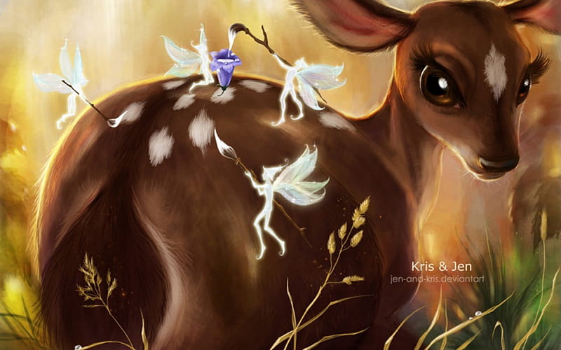 Fairy Painting, fawn, fair, painting, white, bluebells, speckles, HD wallpaper