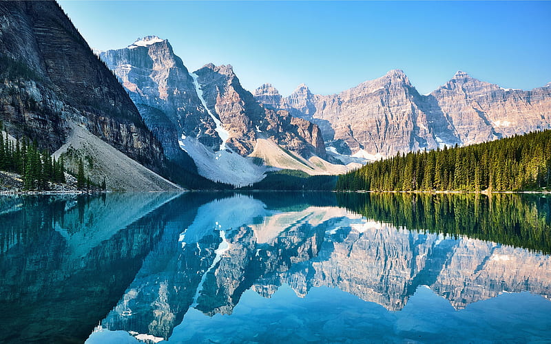 Snow Mountain Moraine Lake Reflection Summer Canada, HD wallpaper