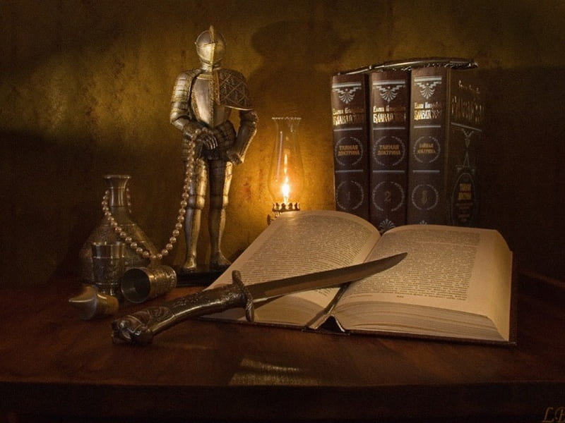 OLD THINGS, still life, books, mens, golden, stuff, candles, HD wallpaper