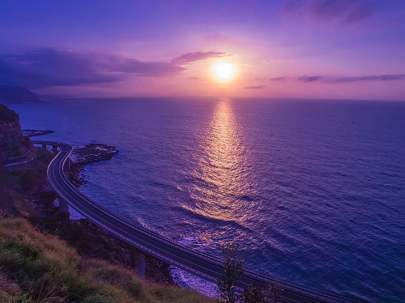 sea, sunset, bridge, horizon, purple, lilac, HD wallpaper