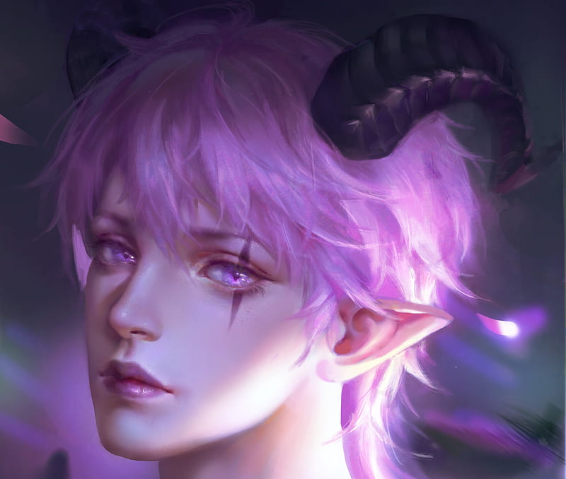Demon, horns, yue ziyun, fantasy, luminos, face, man, pink, HD wallpaper