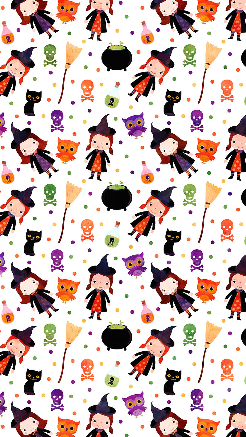 Halloween Witch, Skull, Adoxali, Halloween, October, autumn, black, broom, cat, cauldron, celebration, child, cute, day of the dead, dots, fall, fun, funny, green, holiday, illustration, kawaii, kid, kitty, orange, owl, pattern, poison, scary, skull, spooky, treat, trick, violet, witch, HD phone wallpaper