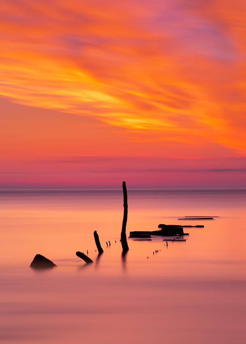ocean, sunset, sticks, horizon, HD phone wallpaper