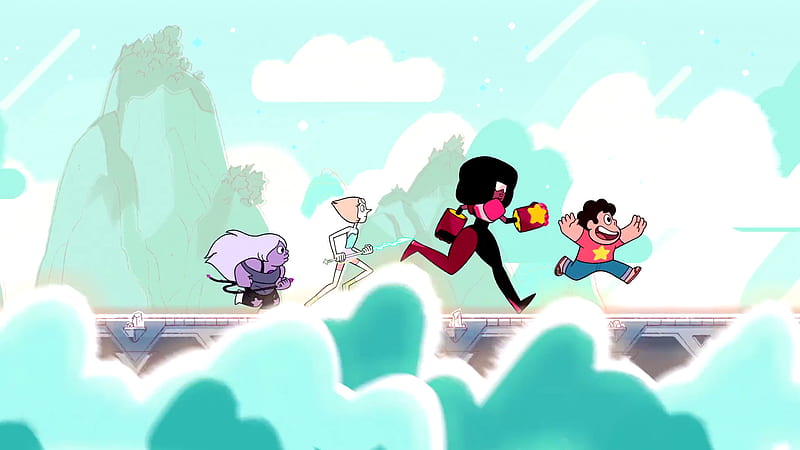 Steven Universe Amethyst Garnet Pearl Steven Are Running With Background Of Mountain Clouds And Green Sky Movies, HD wallpaper