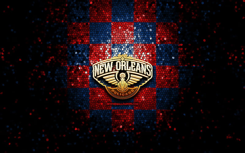 New Orleans Pelicans, glitter logo, NBA, blue red checkered background, USA, american basketball team, New Orleans Pelicans logo, mosaic art, basketball, America, HD wallpaper