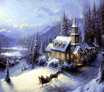 Old Fashioned Christmas, houses, children, church, artwork, tree, snow ...