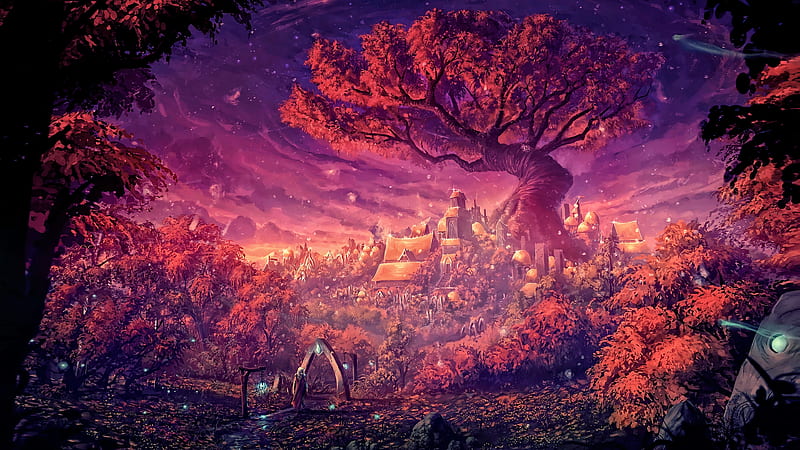 fantasy landscape, village, sacred tree, tablets, magical, autumn, Fantasy, HD wallpaper