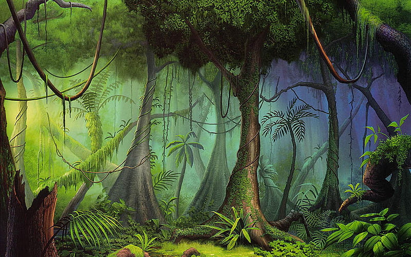 Fantasy Forest, green, life, lush, vines, trees, HD wallpaper
