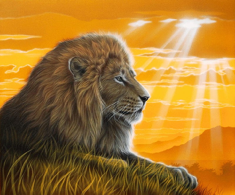 The King of Savanna, head, painting, portrait, artwork, lion, HD wallpaper