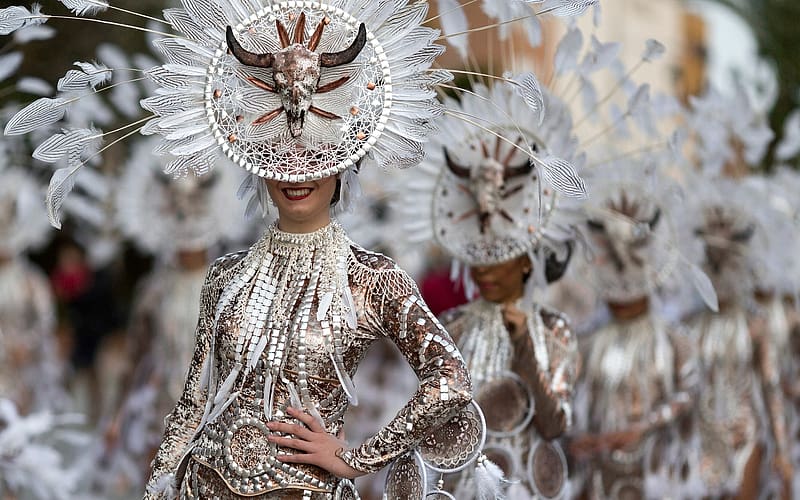 Brasil Carnival, vicente concha, hat, white, skull, girl, woman, HD wallpaper