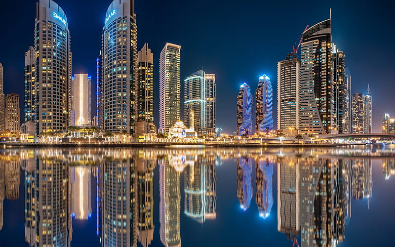 Dubai, UAE, night, skyscrapers, modern buildings, bay, beautiful buildings, United Arab Emirates, HD wallpaper