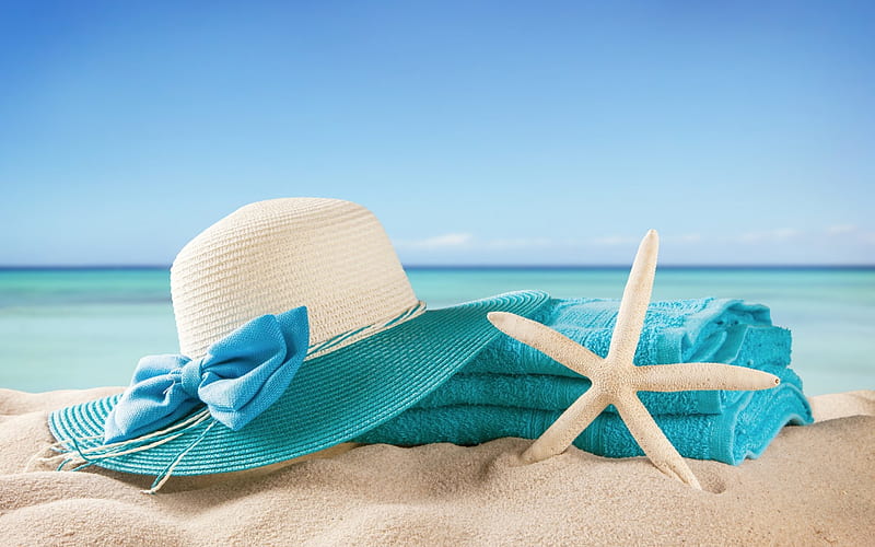 Summer Beach, beach, staefish, blue towel, hat, HD wallpaper