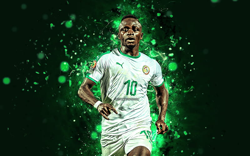Sadio Mane 2019 Africa Cup of Nations, white uniform, Senegal National Team, fan art, Mane, soccer, footballers, neon lights, Senegalese football team, abstract art, HD wallpaper