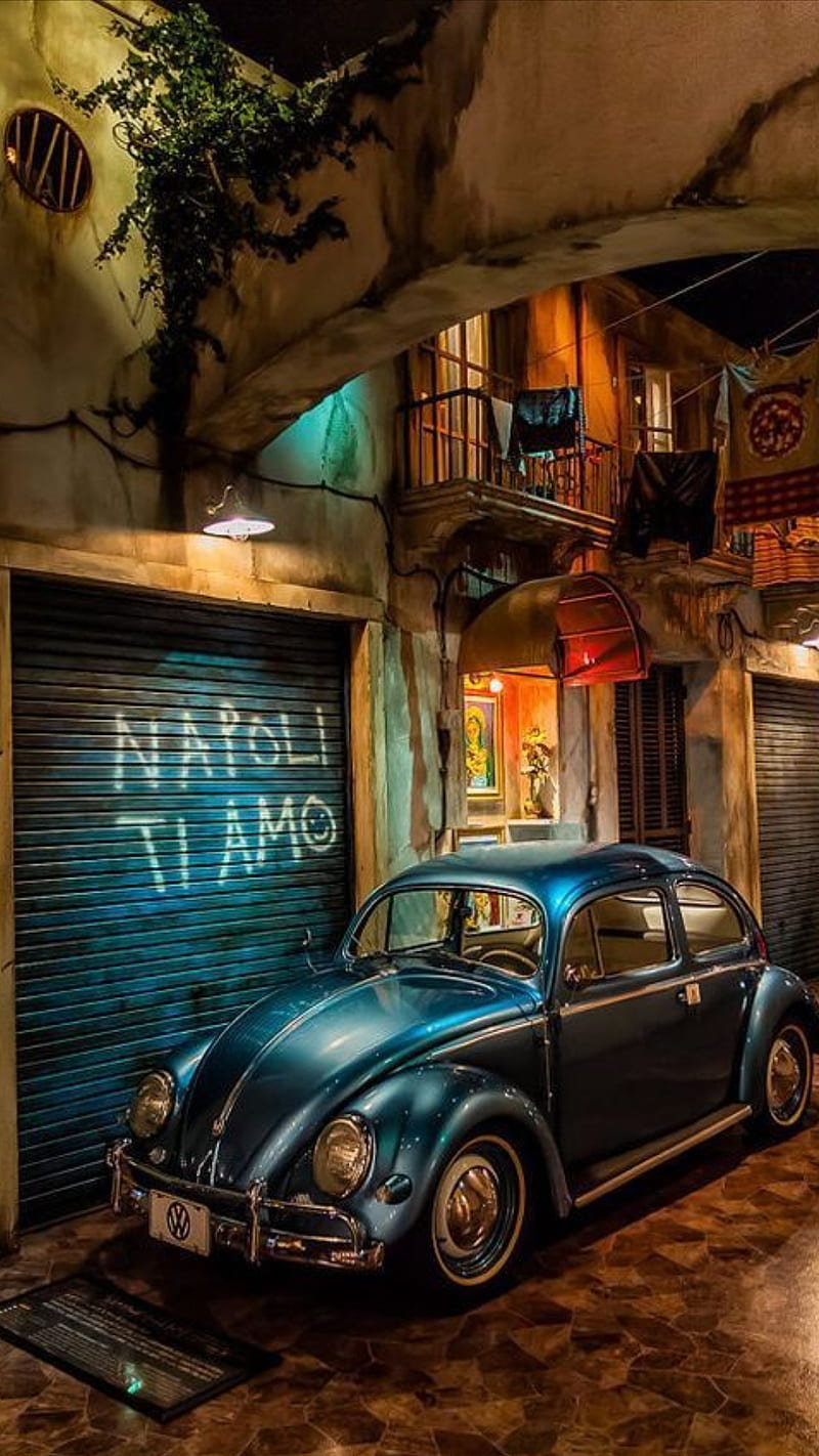 Tiamo Napoli, beetle, blue, car, city, german italy, vw, HD phone wallpaper