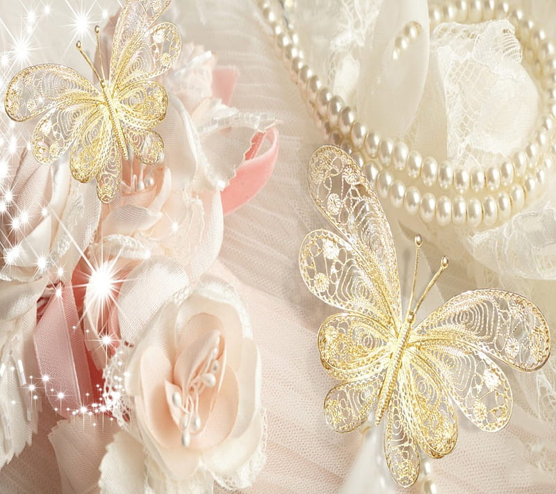 Butterflies & Roses, pretty, lovely, necklace, bonito, soft, butterflies, roses, abstract, sweet, cute, beige, beauty, pearls, white, pink, HD wallpaper