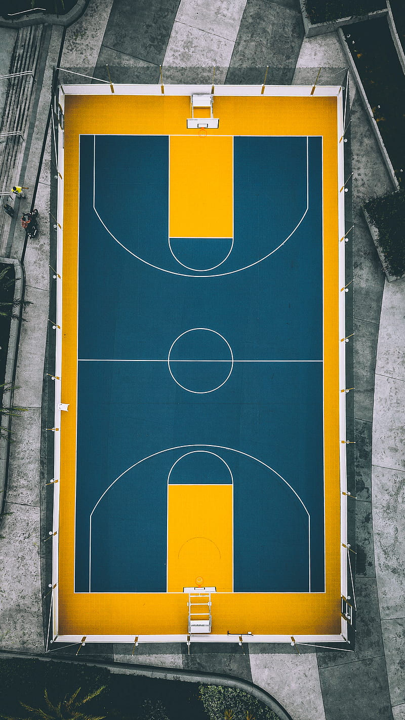aerial view graphy of yellow and blue basketball court, HD phone wallpaper