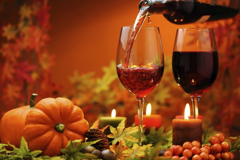 Thanksgiving~Cheers, Fall, acorns, bottle, wine, glasses, pinecone, gourds, candles, still life, nuts, leaves, Thanksgiving, berries, Autumn, pumpkins, HD wallpaper