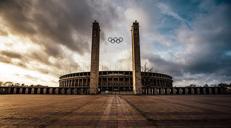 36' olympics stadium in berlin, courtyard, circles, stadium, vintage, entrance, HD wallpaper