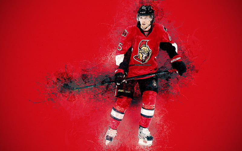 Erik Karlsson Ottawa Senators, Swedish hockey player, grunge art, splashes of paint, red background, bright lines, defender, NHL, USA, Canada, creative art, hockey, HD wallpaper