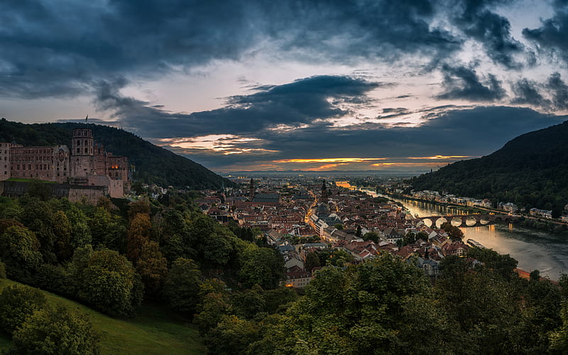 Heidelberg Castle, Neckar River, Heidelberg, evening, sunset, Heidelberg cityscape, Germany, Heidelberg panorama, HD wallpaper