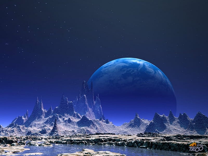 postcard from my moon, moon, planet, rock, space, digital art, blue, HD wallpaper
