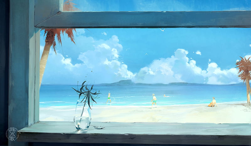 Anime landscape, beach, clouds, window, Anime, HD wallpaper | Peakpx