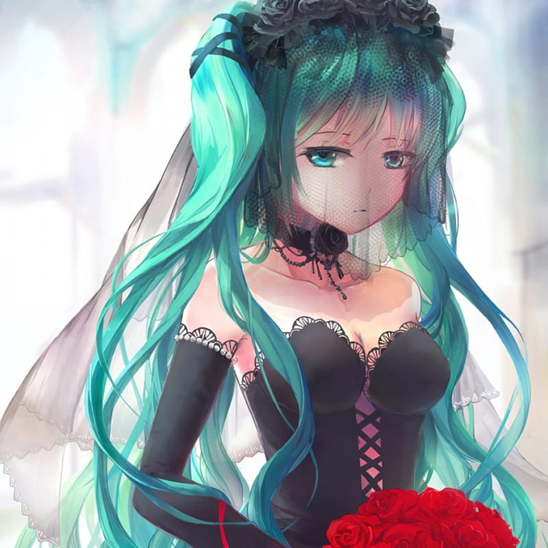Wed, pretty, cg, veil, sweet, floral, nice, anime, beauty, anime girl, vocaloids, long hair, lovely, twintail, gown, black, miku, hatsune, awesome, sad, green hair, red, dress, hatsune miku, bride, bonito, twin tail, blossom, green, vocaloid, female, twintails, gownb, twin tails, girl, bouquet, flower, miku hatsune, aqua hair, HD wallpaper