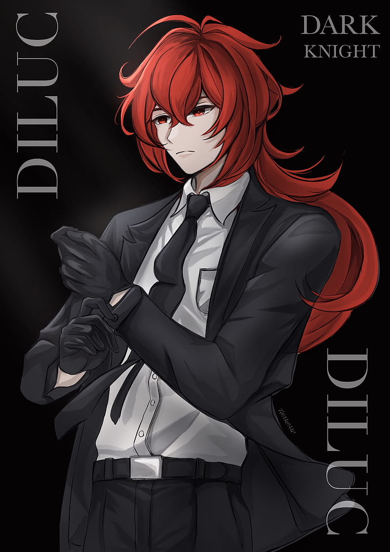 Genshin Impact, anime, redhead, tie, red eyes, long hair, gloves, suits, HD phone wallpaper