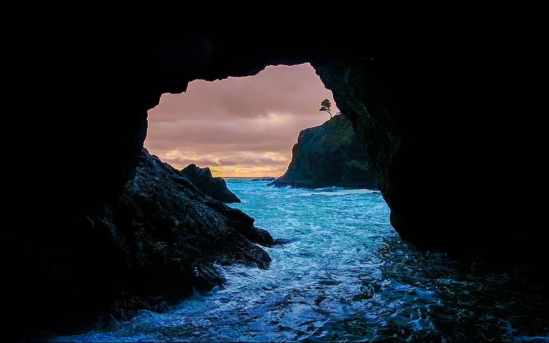 Cave Sunset Sea, cave, sunset, sea, nature, HD wallpaper