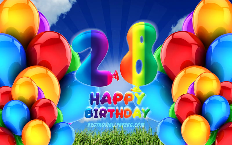 Happy 28 Years Birtay, cloudy sky background, Birtay Party, colorful ballons, Happy 28th birtay, artwork, 28th Birtay, Birtay concept, 28th Birtay Party, HD wallpaper
