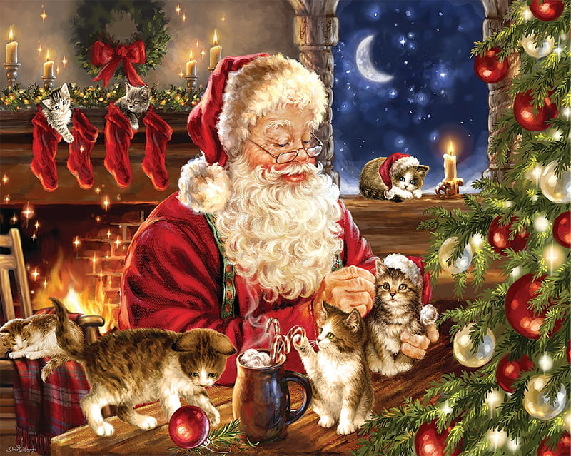 Christmas kittens, art, santa, craciun, christmas, painting, cat, kitten, pictura, pisici, HD wallpaper