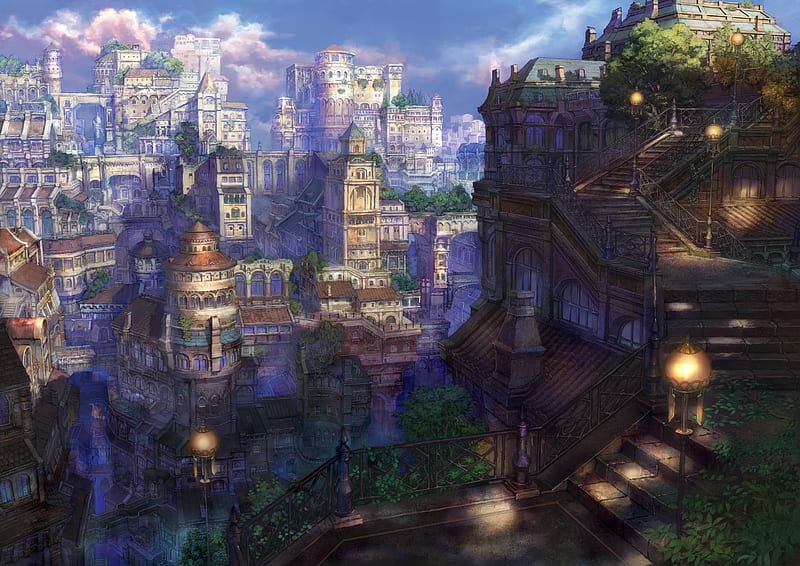 Anime City Building City Stairway Scenery Panorama Landscape Hd Wallpaper Peakpx