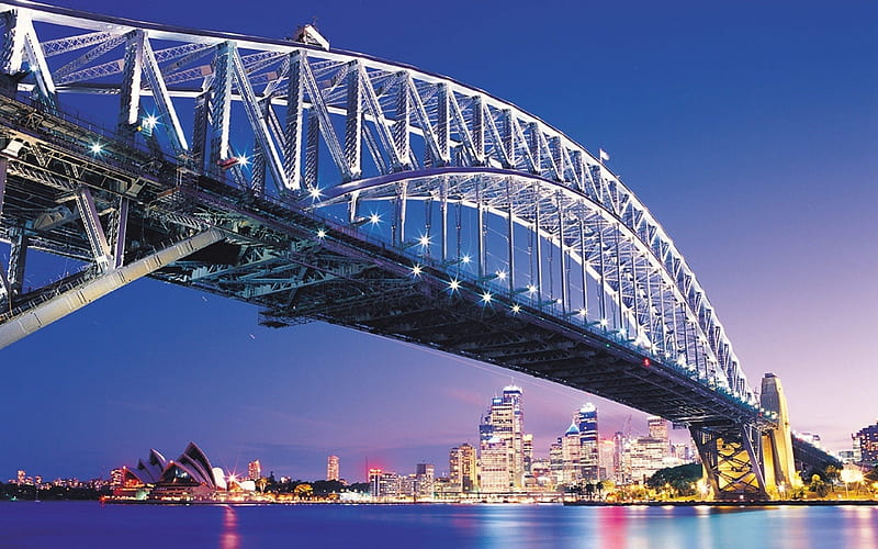 Sydney Bridge and Skylines, Australia, architecture, buildings, bridges, sky, silver, metal, water, australia, nature, blue, HD wallpaper