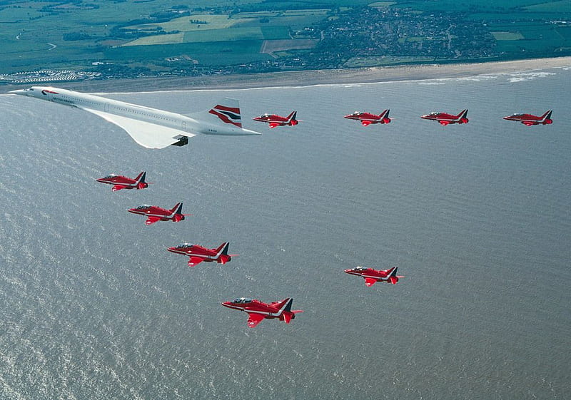 Concorde & Red Arrows, royal air force, red arrows, concorde, british airways, HD wallpaper
