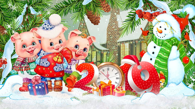 Three Little Pigs and Snowman, snowman, gifts, piggies, Firefox theme, Christmas, house, holiday, New Years, home, pigs, 2019, presents, HD wallpaper