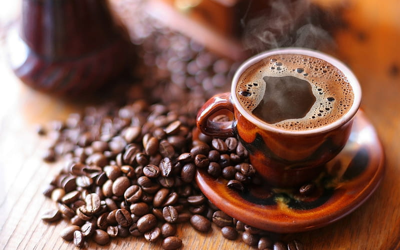 real taste of coffee, cup, coffee, saucer, beans, HD wallpaper