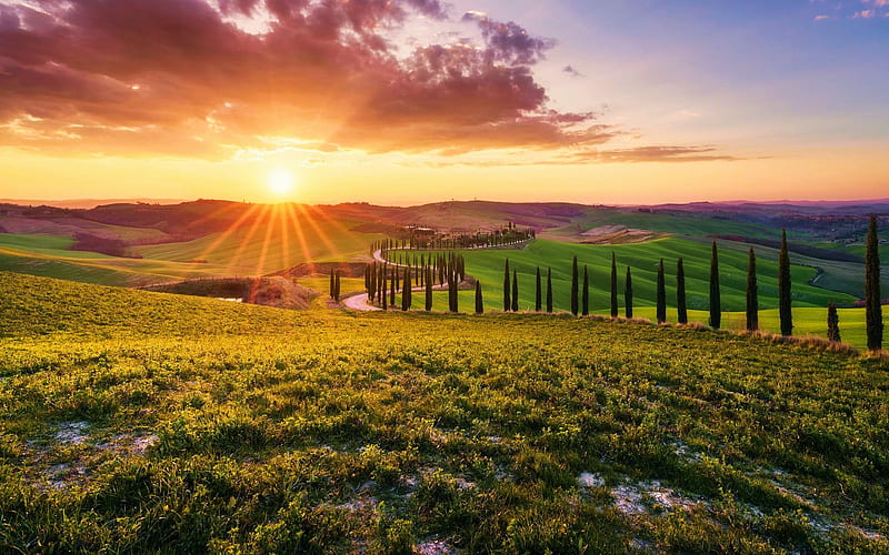 Val d'Orcia, Tuscany, Italy, clouds, sky, landscape, hills, sun, trees, HD wallpaper