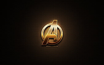 Avengers glitter logo, creative, metal grid background, Avengers logo, brands, Avengers, HD wallpaper