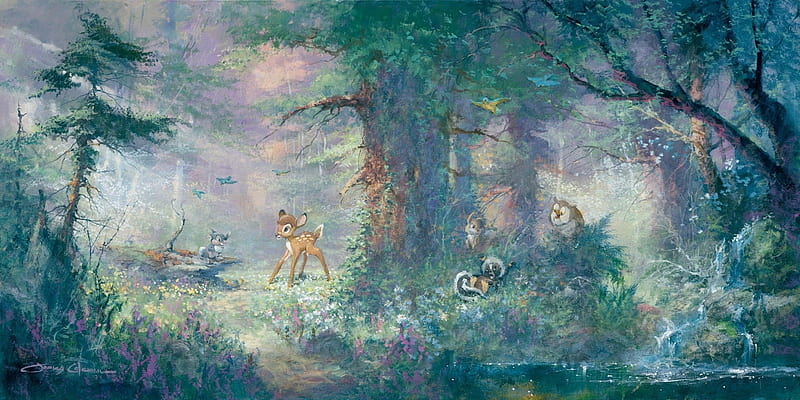 Bambi and friends, forest, art, fantasy, friend, luminos, bambi, james coleman, disney, HD wallpaper